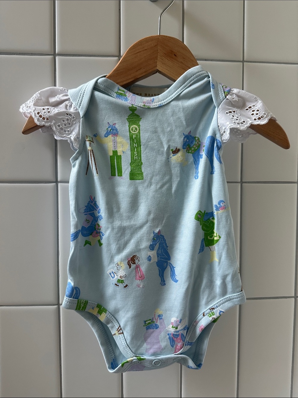 NWT Beaufort Bonnet Company Light Blue Horse-Print Eyelet Sleeve One-Piece